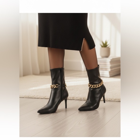 • The Minimalist: Black Pointed Toe Sock Boots with Gold Chain Accents - Picture 3 of 4